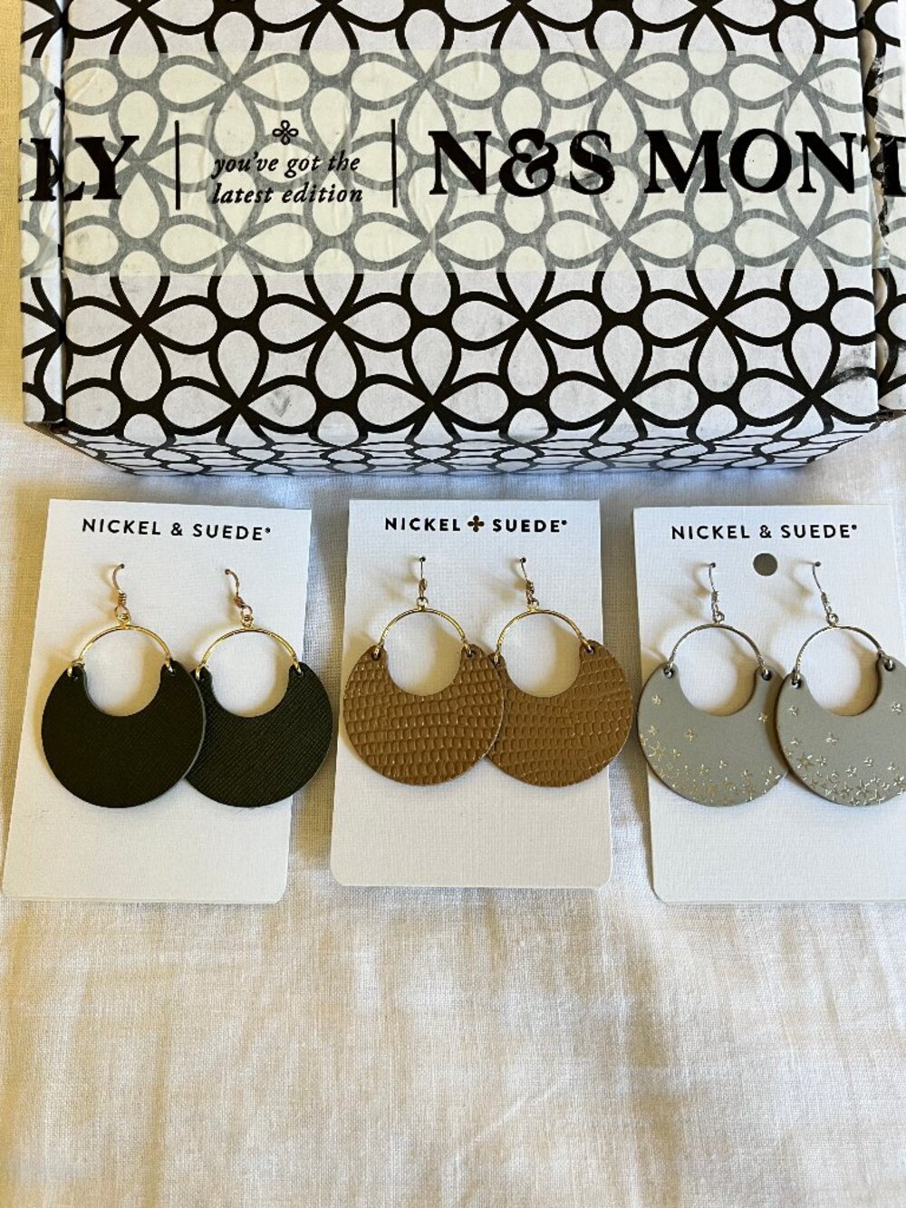Nickel & Suede Nina Hoop Bundle of 3 Green Fatigue Iced Latte Gray Starscape